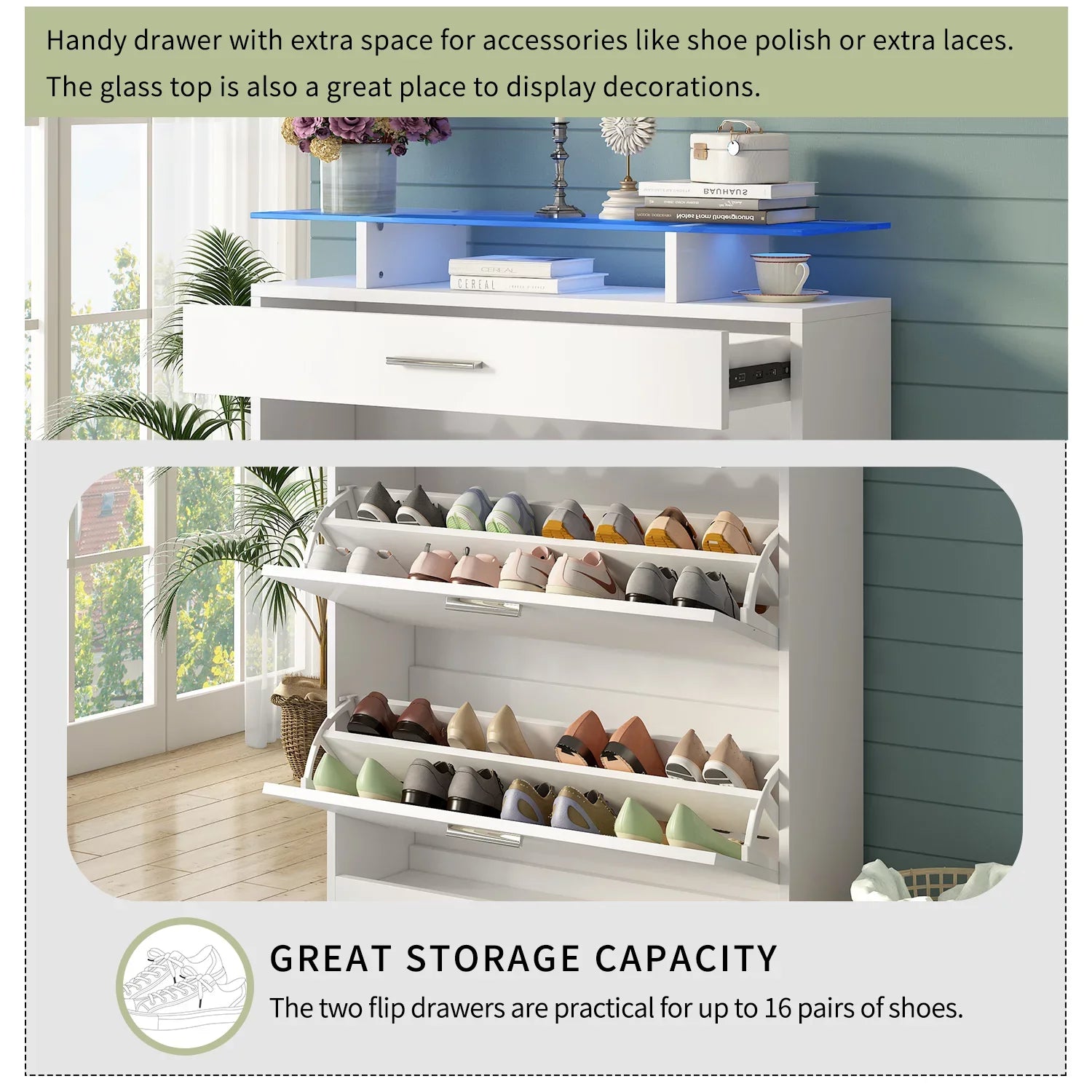 EUROCO Shoe Rack Slim Entryway Organizer with 2 Flip Drawers,Shoe Storage Cabinet with Drawer and Tempered Glass Top,Free Standing Shoe Rack with LED Light for Hallway, White