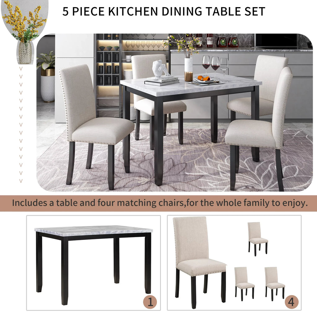 Euroco 45.3" Faux Marble 5-Piece Dining Set Table with 4 Thicken Cushion Dining Chairs Home Furniture, White/Beige+Black
