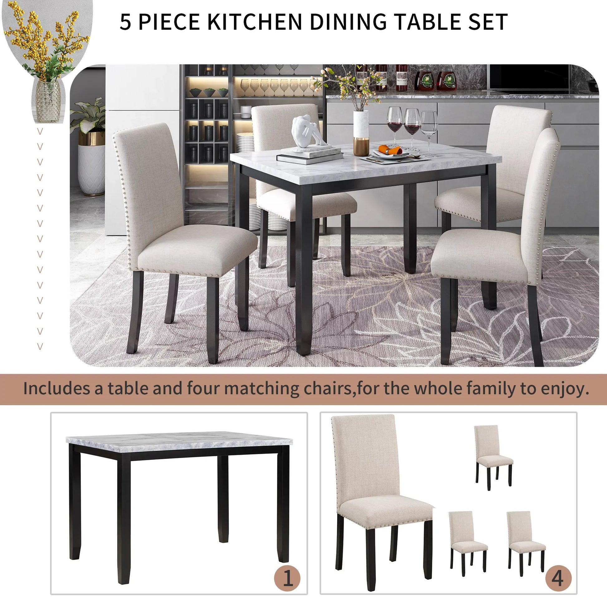 Euroco 45.3" Faux Marble 5-Piece Dining Set Table with 4 Thicken Cushion Dining Chairs Home Furniture, White/Beige+Black