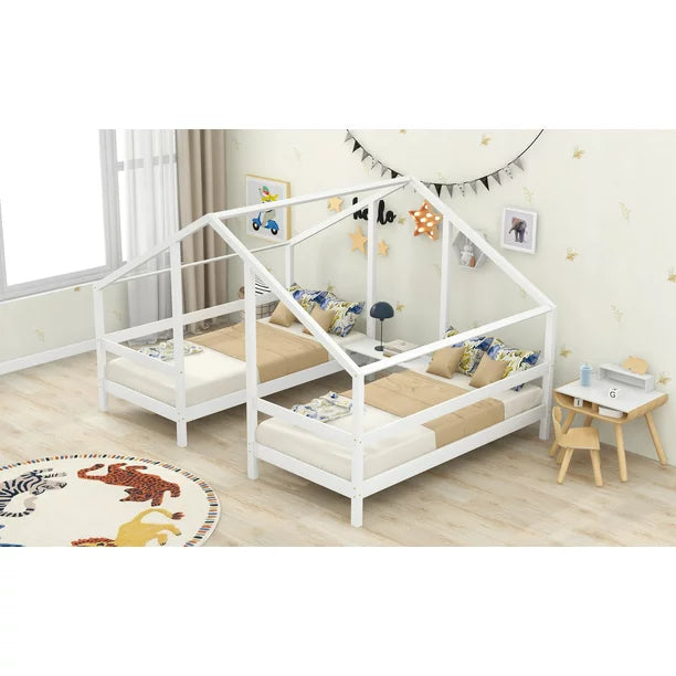 Wood Twin House Two Beds in One with Movable Desk for Kids Bedroom, White