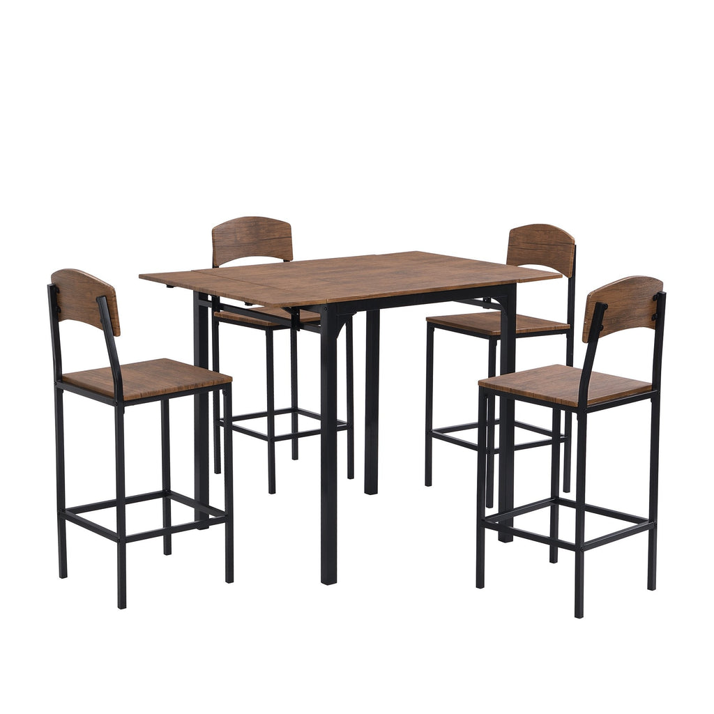 EUROCO 5-piece Farmhouse Counter Height Drop Leaf Dining Table Set, Including Table & 4 Chairs,Black Frame+Brown Tabletop,Set of 5