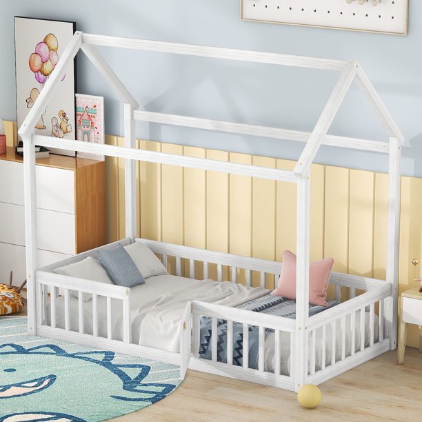Euroco Twin Size Low House Bed with Fence and Door, White