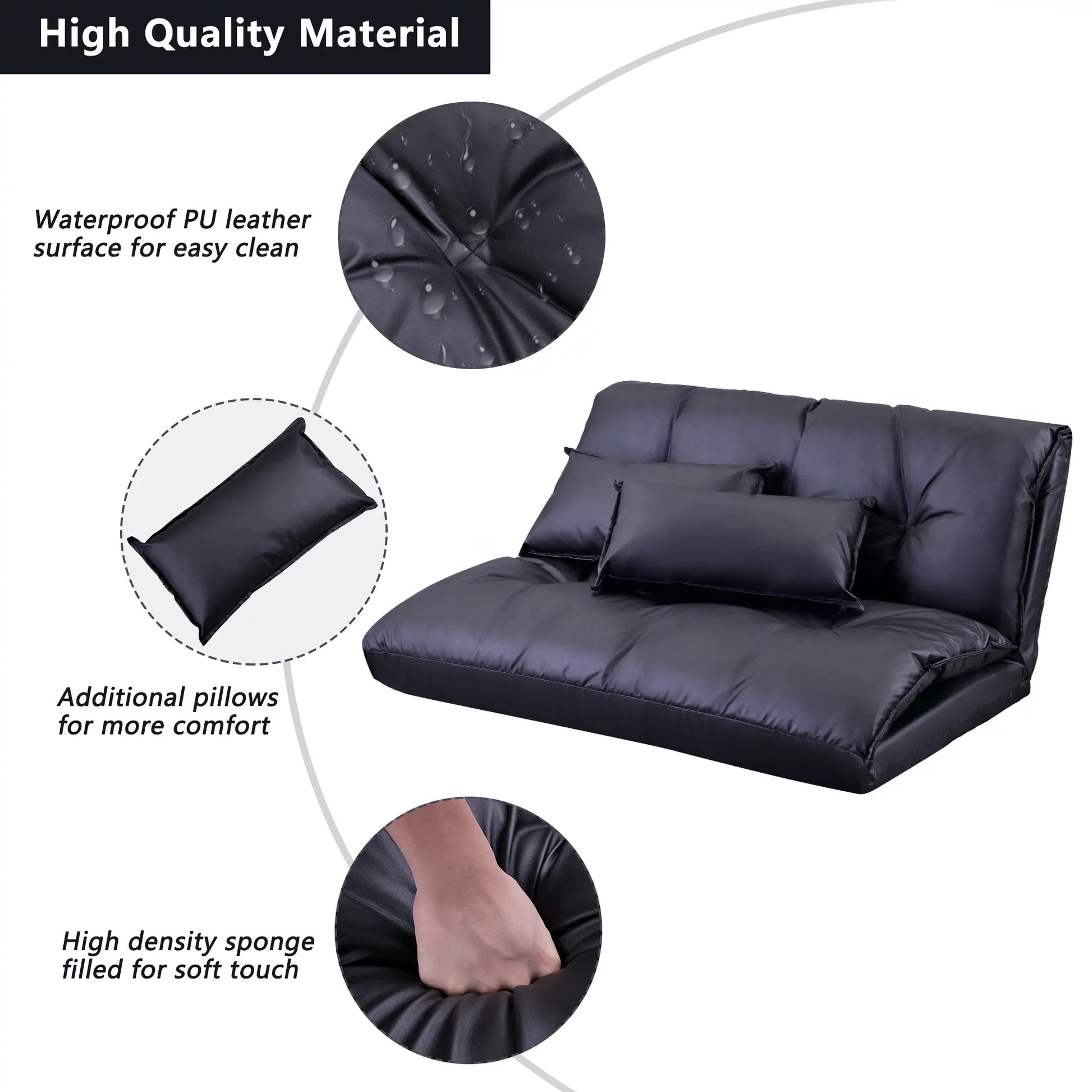 Lazy Sofa Adjustable Folding Futon Sofa Video Gaming Sofa with Two Pillows, Black PU