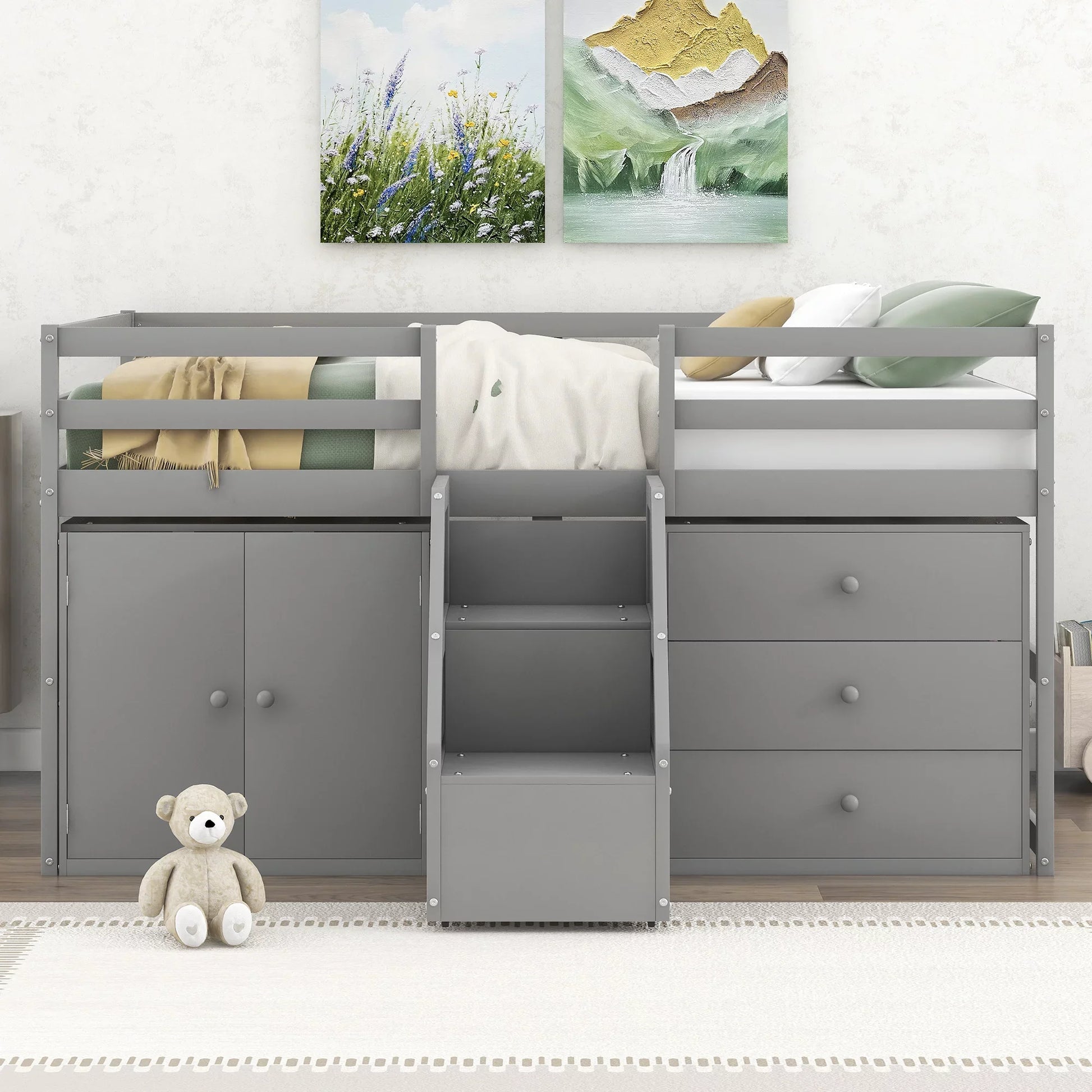 Pine Wood Full Size Loft Bed with Cabinet, Drawers and Clothes Hanger for Kids, Gray
