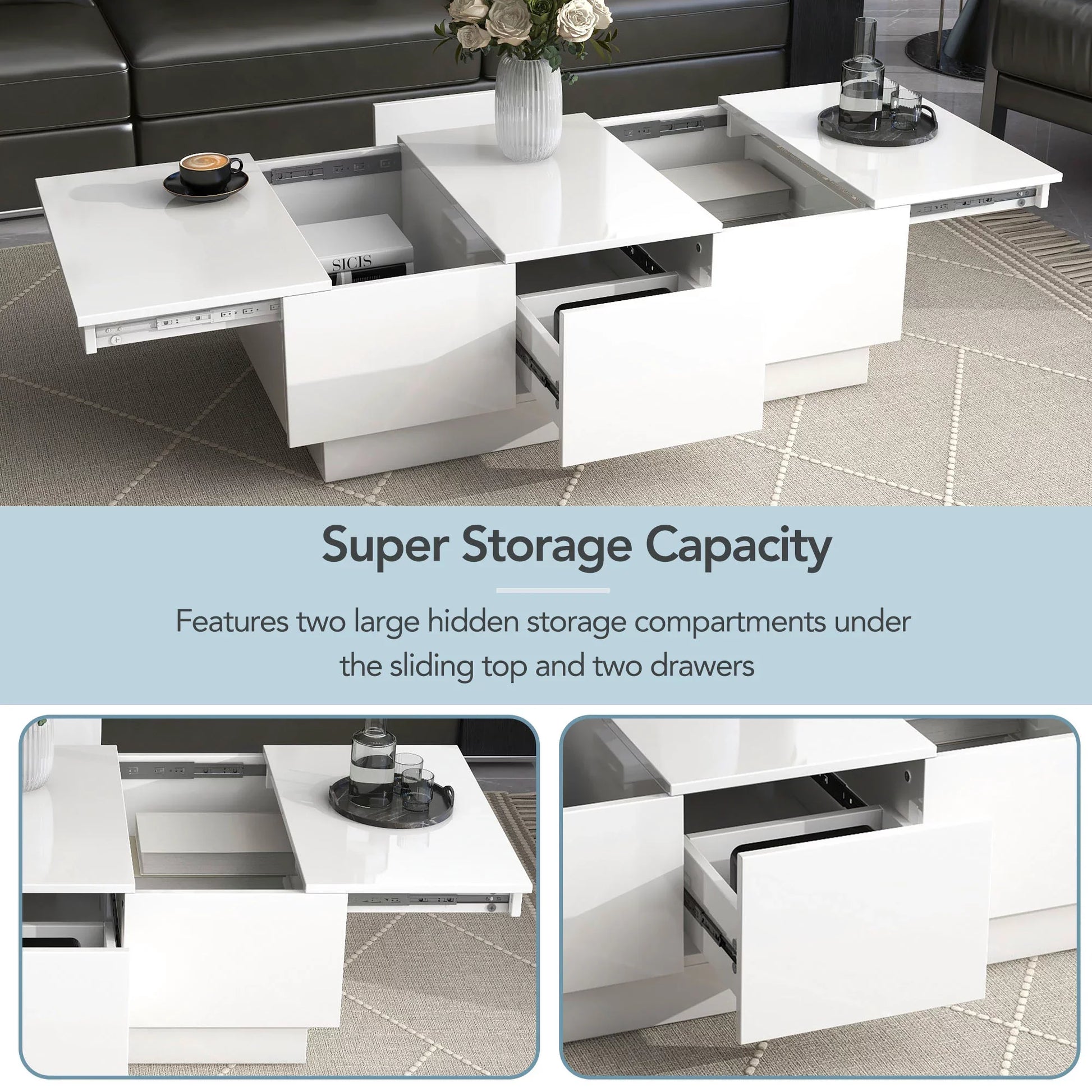 EUROCO 39.4” Multifunctional Coffee Table with 2 large Hidden Storage Compartment,Extendable Cocktail Table with 2 Drawers, High-gloss Center Table with Sliding Top for Living Room,White