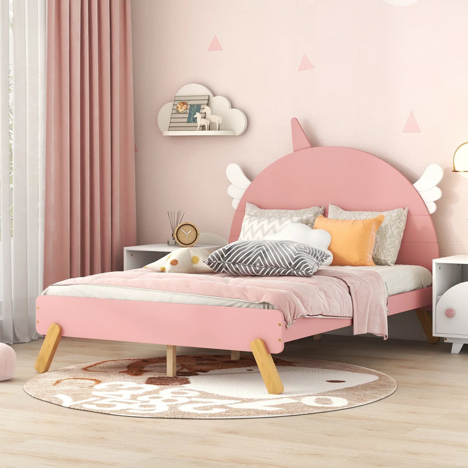 Euroco 3-Piece Bedroom Set with Full Platform Bed, Nightstand and Wardrobe, Pink