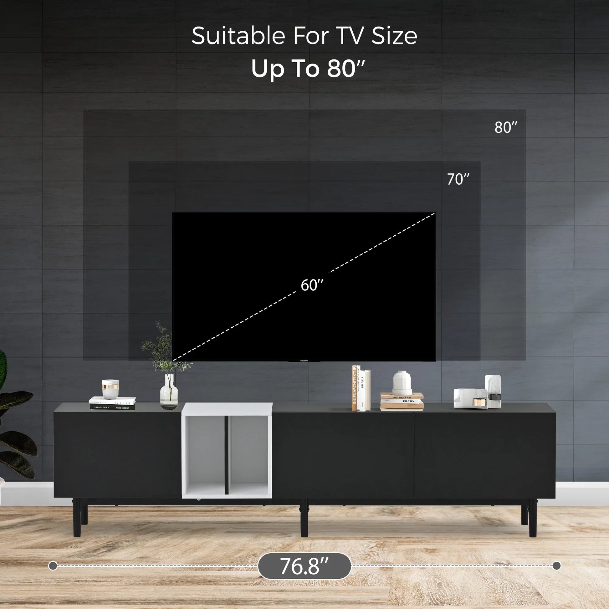 EUROCO Mid-Century Modern TV Stand Up to 80" Contemporary Rectangle ,Unique Style TV Console Table with 3 Doors & Large Storage Cabinet for Living Room Bedroom