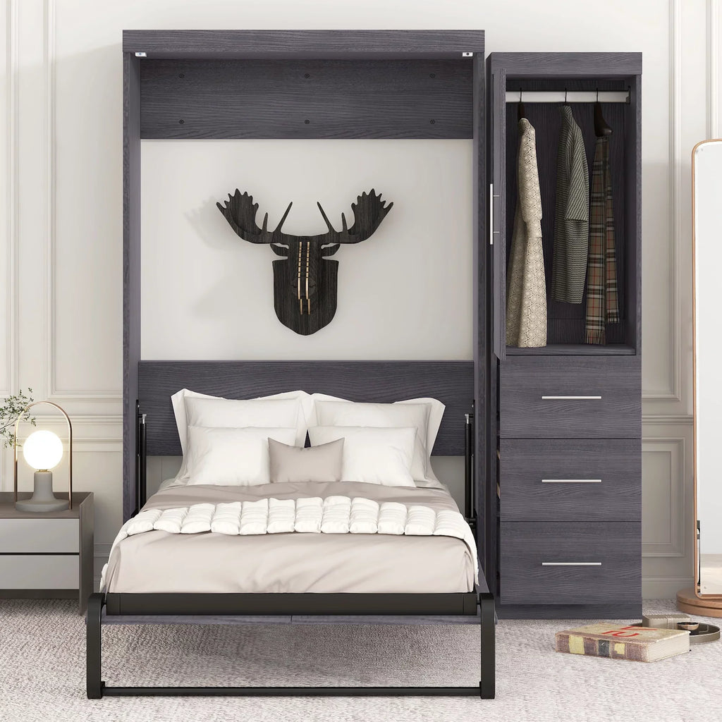 Wood Twin Murphy Wall Bed with Wardrobe and Drawers for Kids Bedroom, Gray