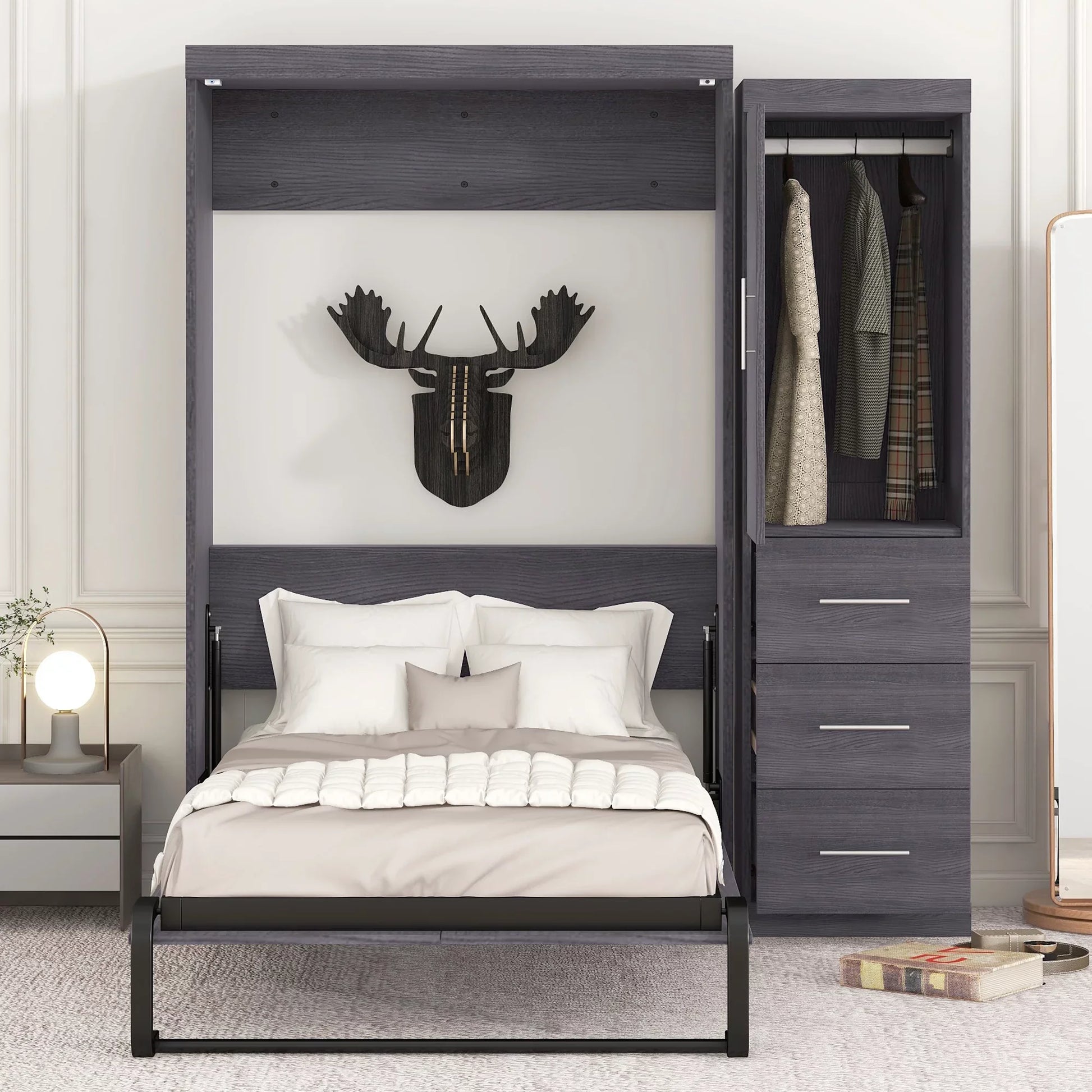 Wood Twin Murphy Wall Bed with Wardrobe and Drawers for Kids Bedroom, Gray