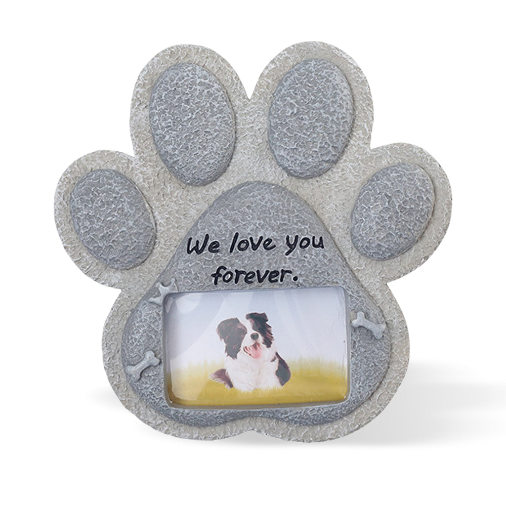 WE LOVE YOU FOREVER Paw Print Pet Memorial Stone, Grave Marker with Customizable Photo Frame Slot, Loss Of Pet Gift, Personalized Dog or Cat Memorial Headstone, 8.25” x 8” x 1.5”