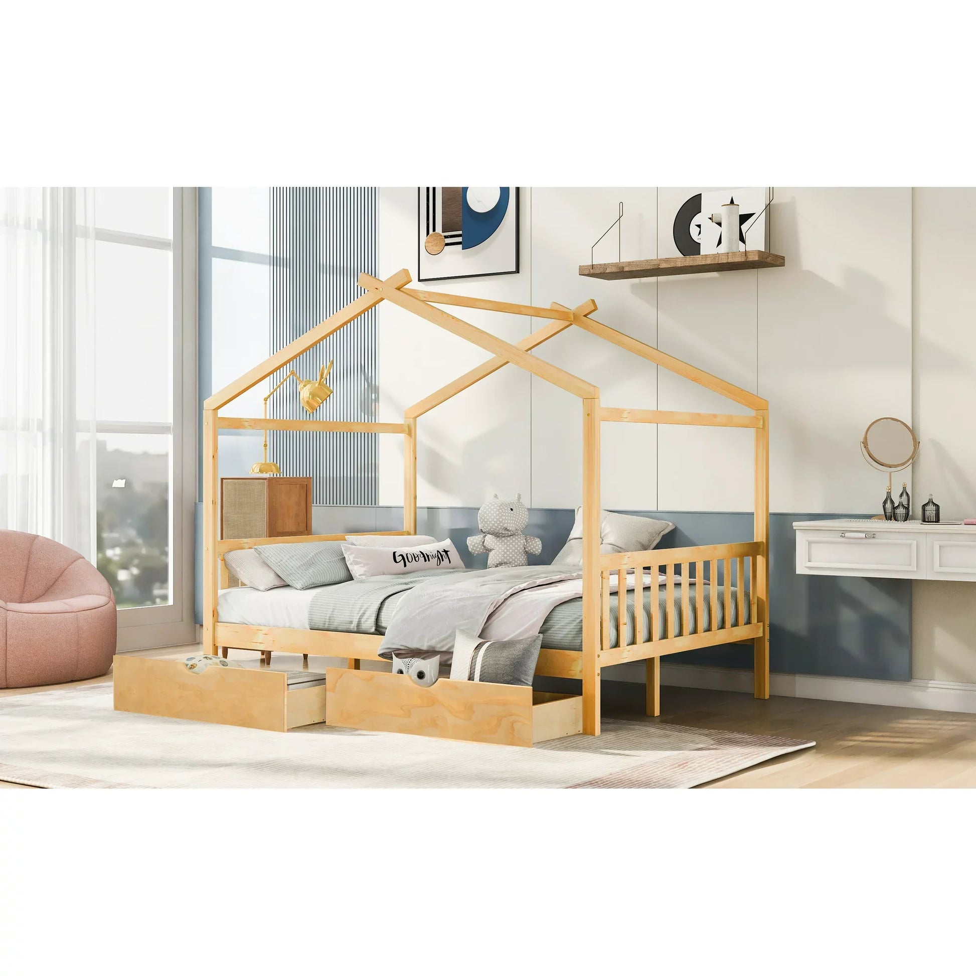 EUROCO Full Size House Platform Bed with Two Drawers for Kids, Natural