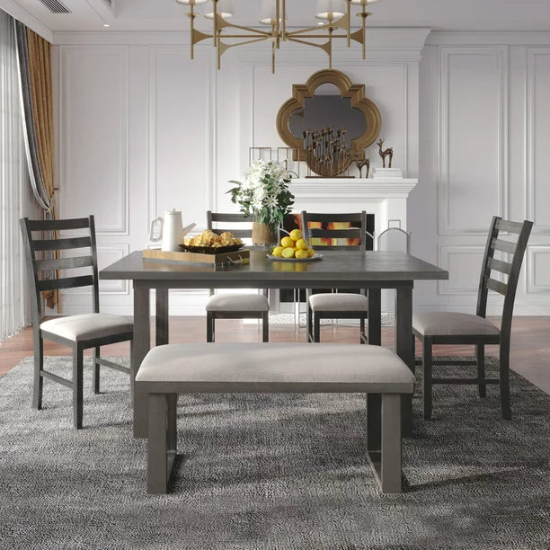 EUROCO 6 Piece Kitchen Dining Table and Chair Set,60” Dining Room Table Set with Solid Wood Tbale,4 Fabric Chairs and 1 Fabric Bench,Rectangle Dining Table Set for 6