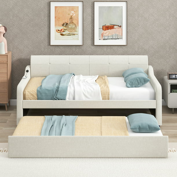 EUROCO Twin Size Upholstery DayBed with Convertible Trundle and USB Charging Station, Beige