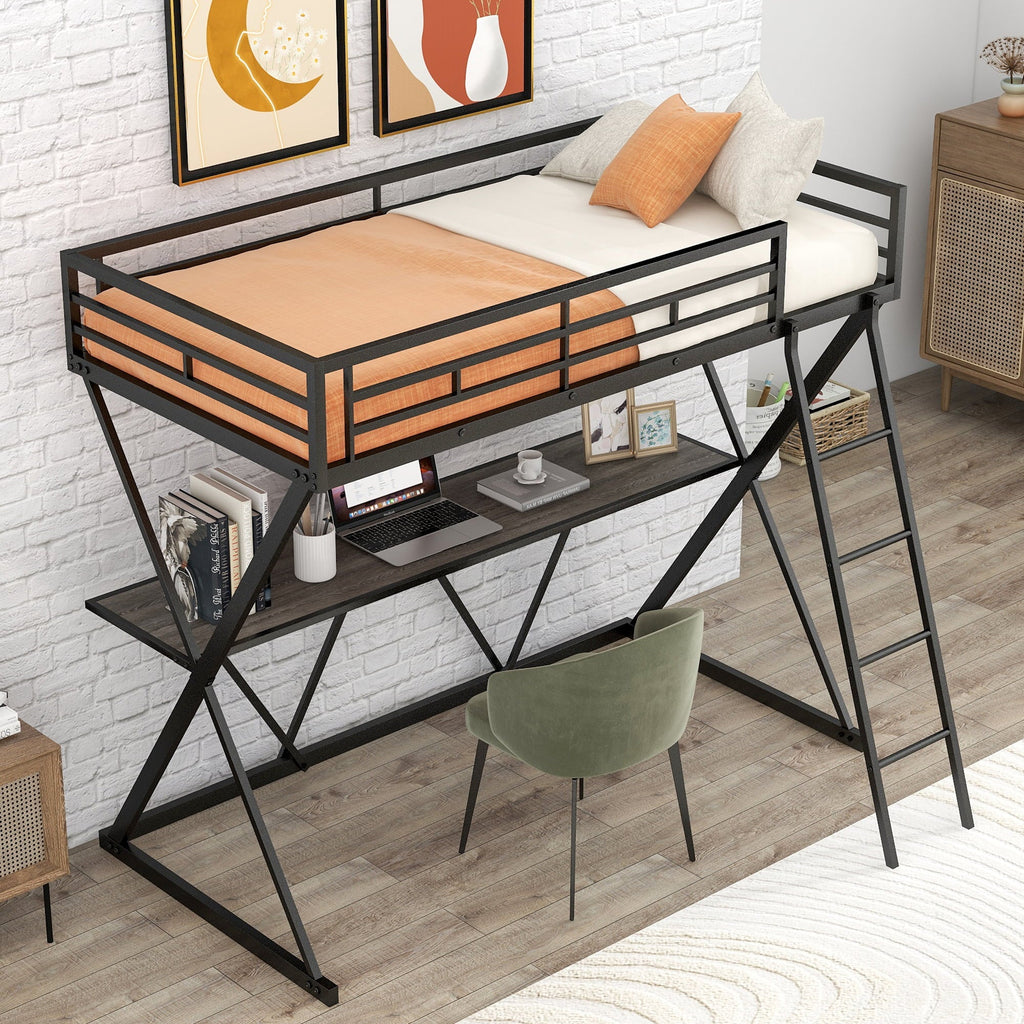 Euroco Steel Twin Loft Bed with Desk and Ladder, X-Shaped Frame, Black