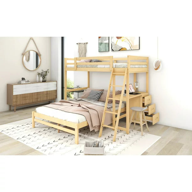EUROCO Twin over Full Bunk Bed with Desk and Drawers for Kids, Natural