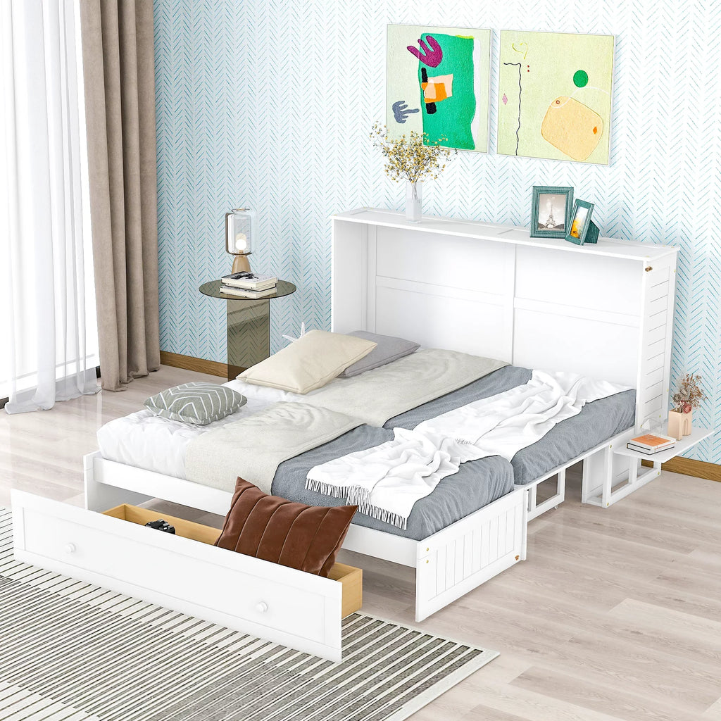 EUROCO Queen Size Murphy Bed with Shelf and Drawer for Adult Bedroom, White