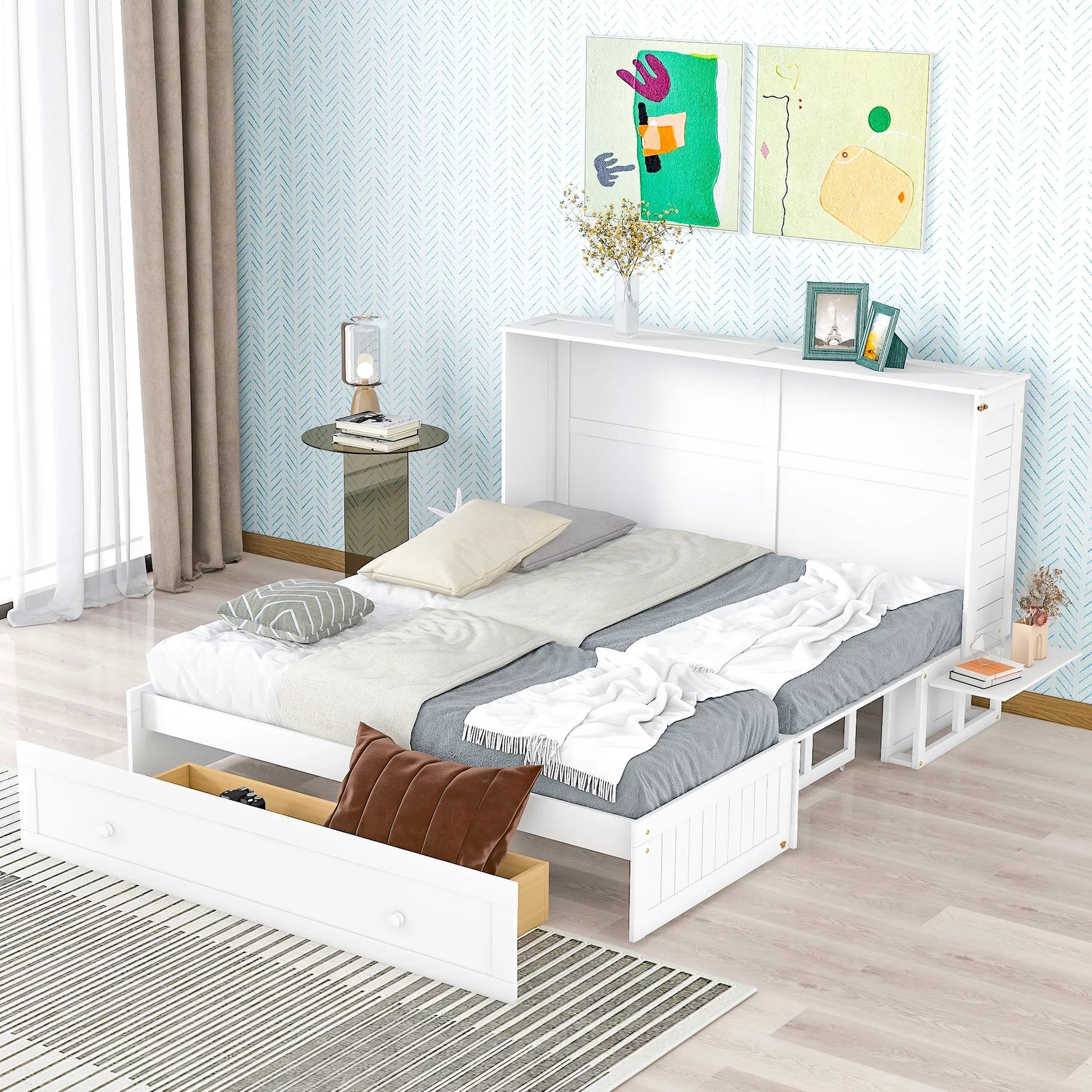 EUROCO Queen Size Murphy Bed with Shelf and Drawer for Adult Bedroom, White