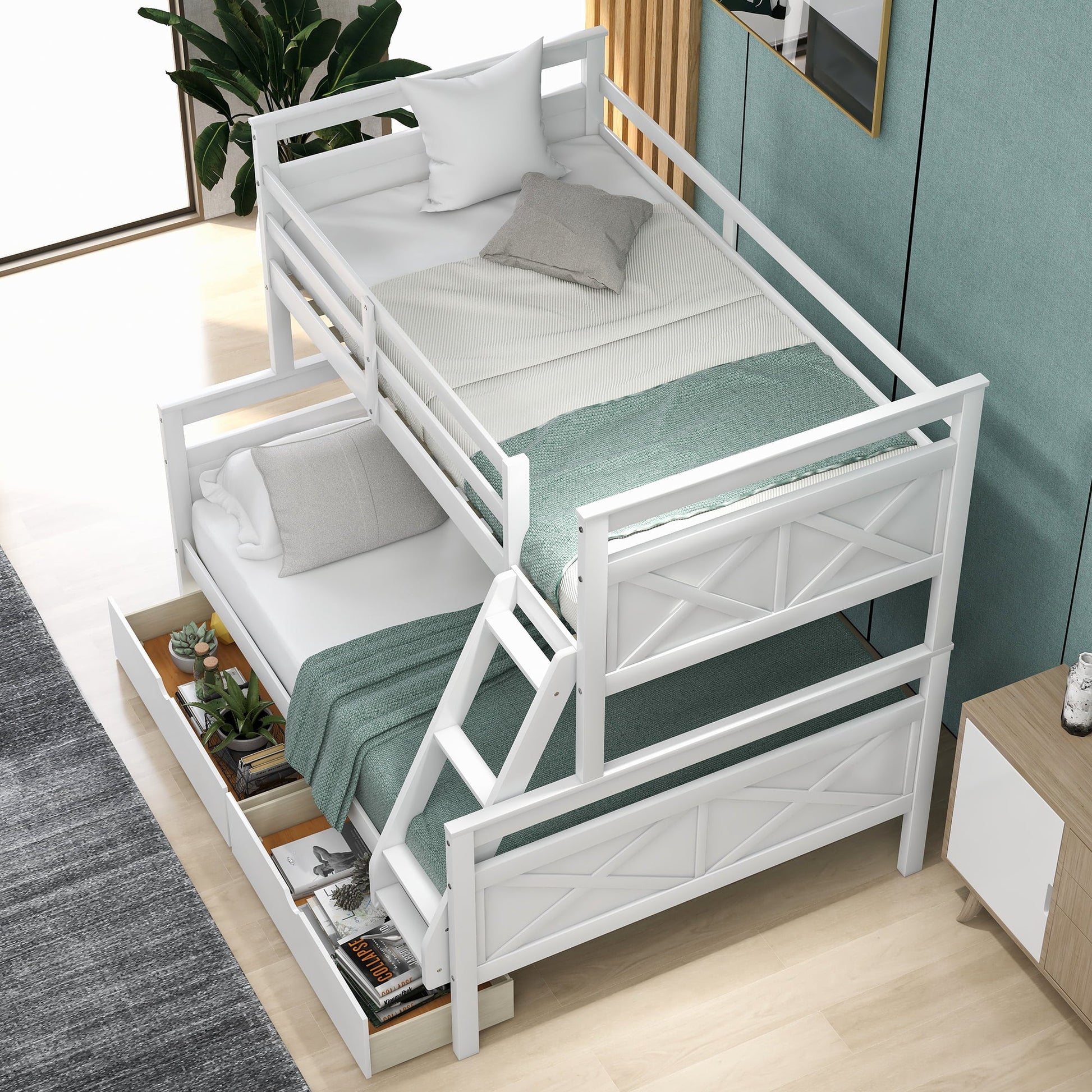 Euroco Twin over Full Wood Convertible Bunk Bed with Drawers for Bedroom
