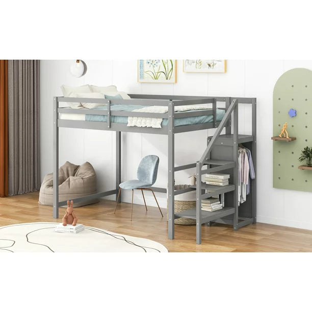 EUROCO Full Size Loft Bed with Storage Wardrobe and Shelf, Gray