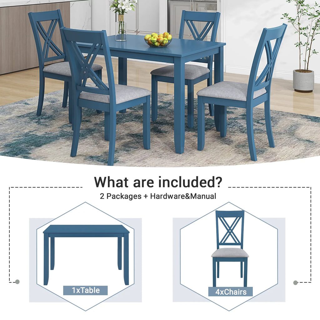 Wood 5-Piece 44.5" Dining Table Set with 4 X-Back Chairs for Small Places, Blue