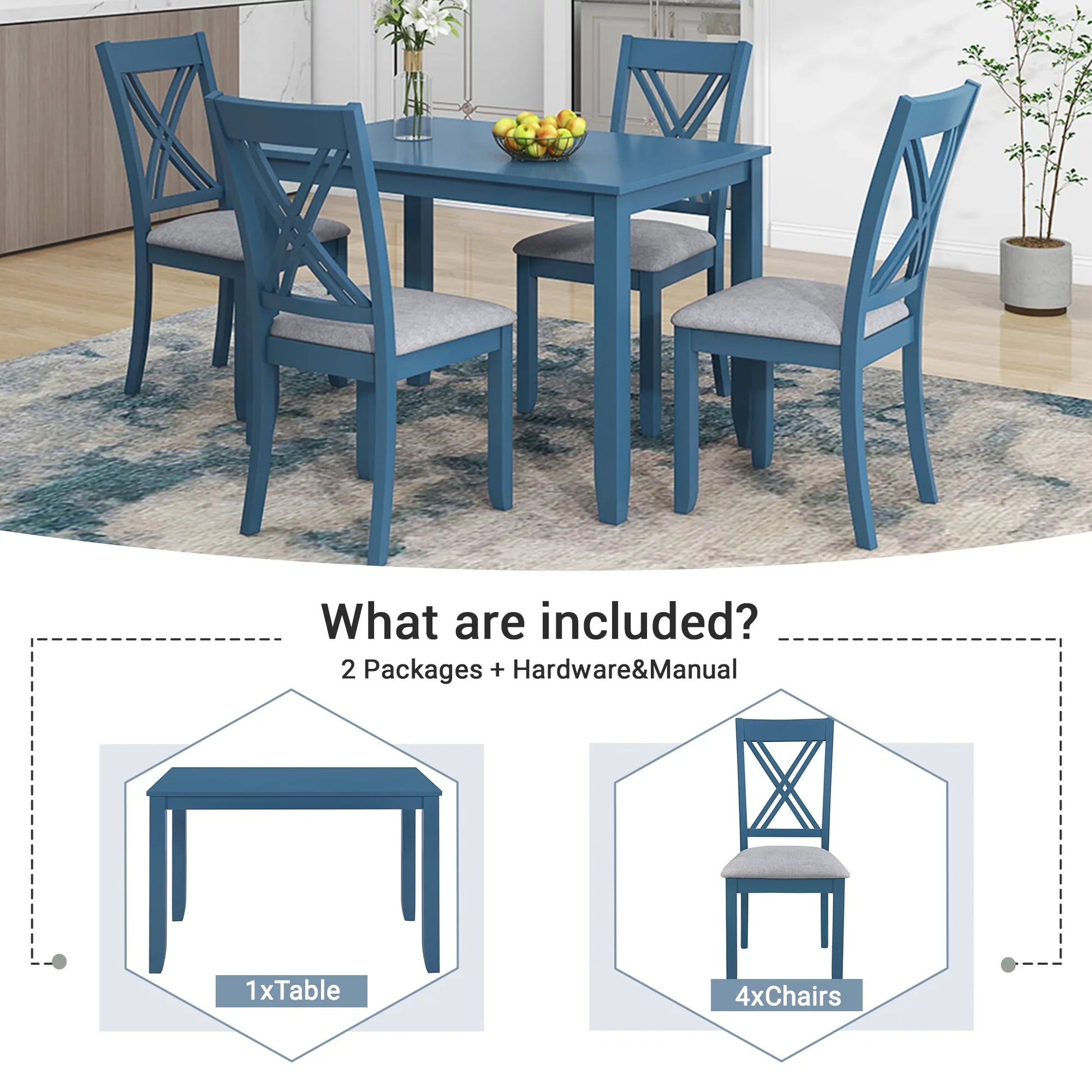 Wood 5-Piece 44.5" Dining Table Set with 4 X-Back Chairs for Small Places, Blue