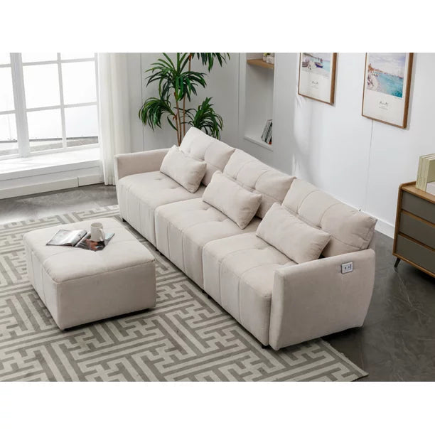 Euroco Convertible Sectional Sofa with Ottaman, L-Shaped Sofa with USB Port for Living Room, Beige, 113.3" L