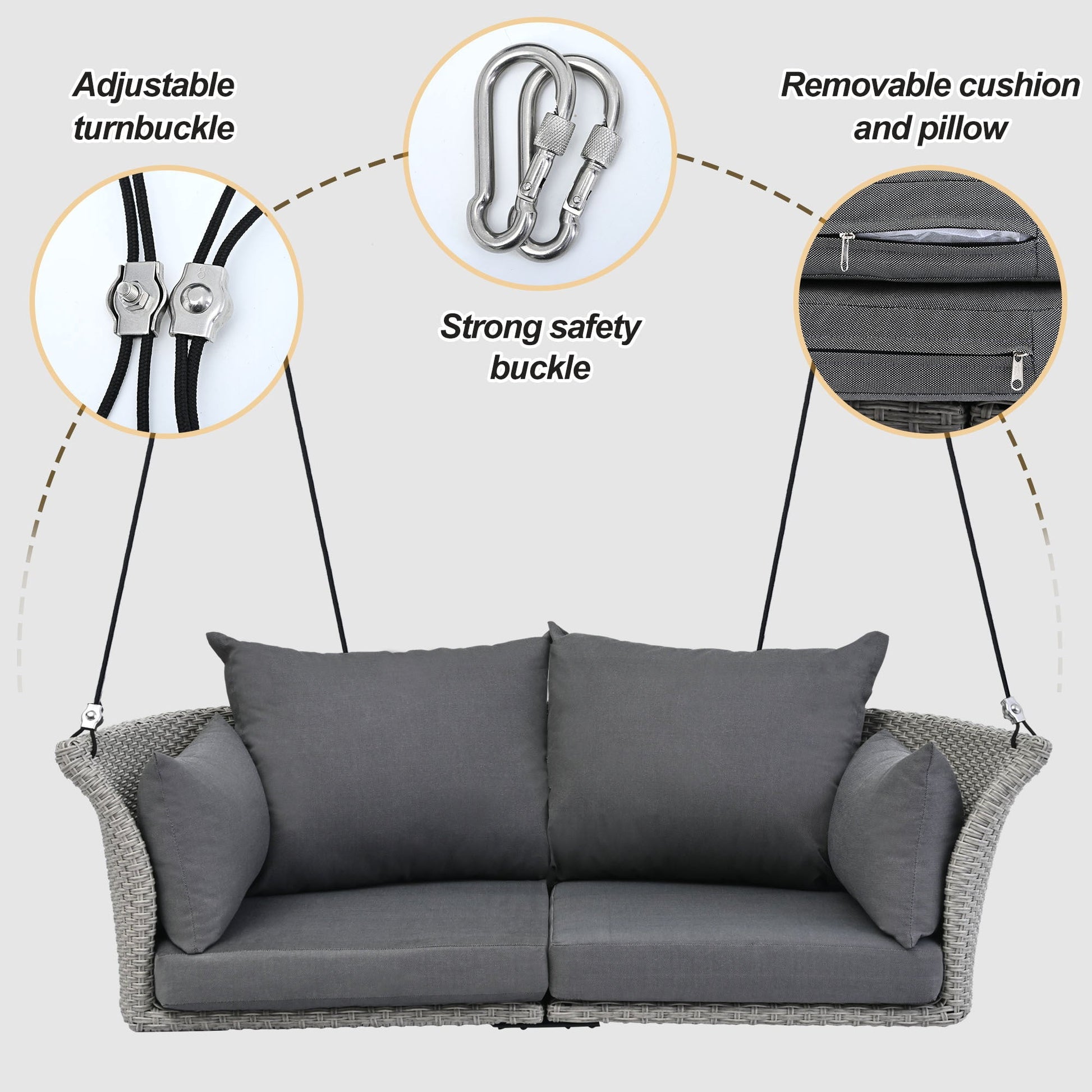Euroco 2-Person Hanging Seat, Rattan Woven Swing Chair, Porch Swing With Ropes, Gray, 52"