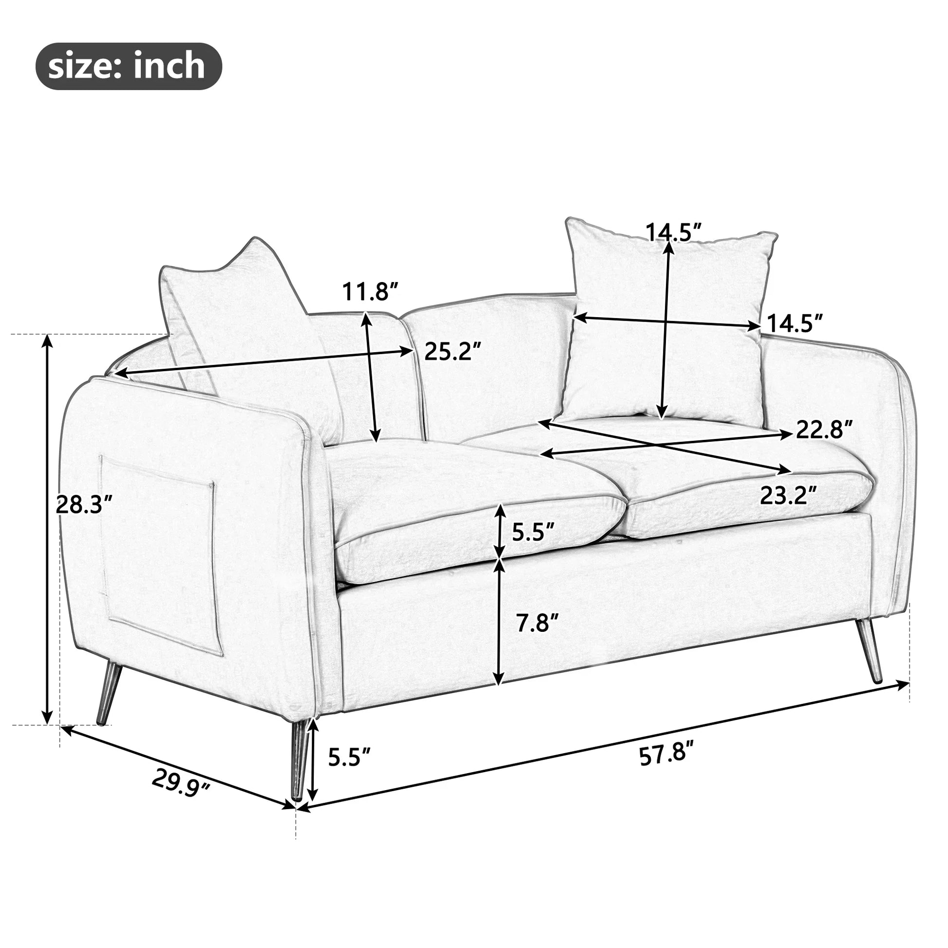 Euroco Velvet Loveseat Sofa, Upholstered Loveseat Couch with 2 Pillows Modern Sofa with Golden Metal Legs for Living Room, Apartment, Gray, 57.8"
