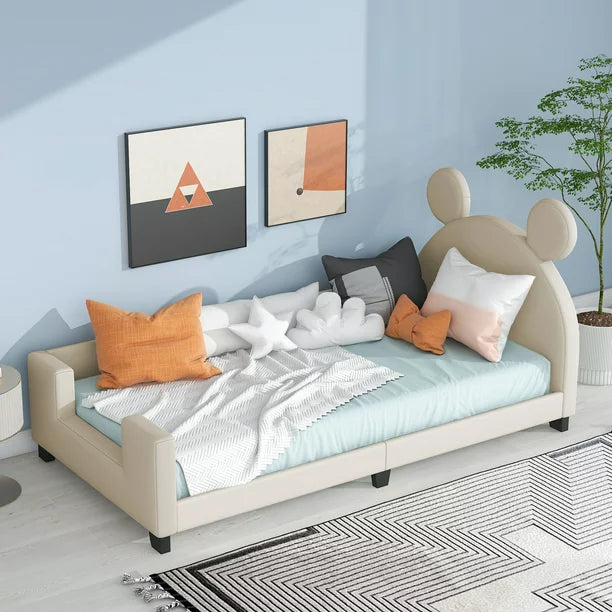 Mickey Mouse Shaped Twin Size Upholstery Daybed with Headboard for Kids, Gray