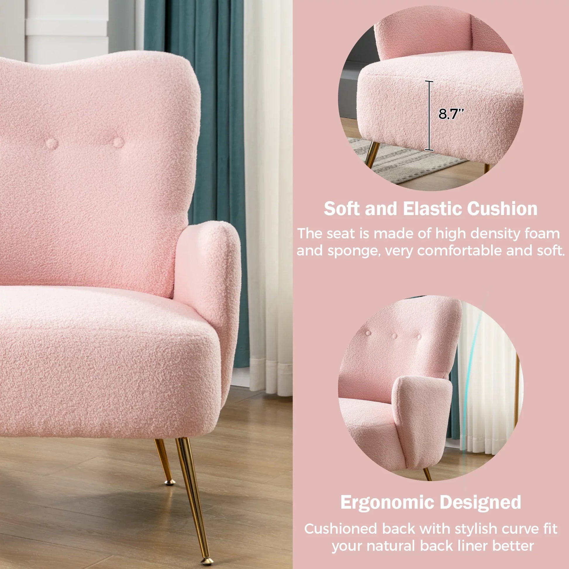 EUROCO Cozy Teddy Fabric ArmChair with Sloped High Back and Contemporary Metal Legs ,Pink