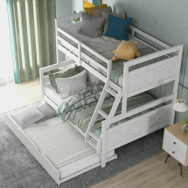 Euroco Wood Twin over Full Bunk Bed with Trundle for Kids & Adults for Bedrooms, White