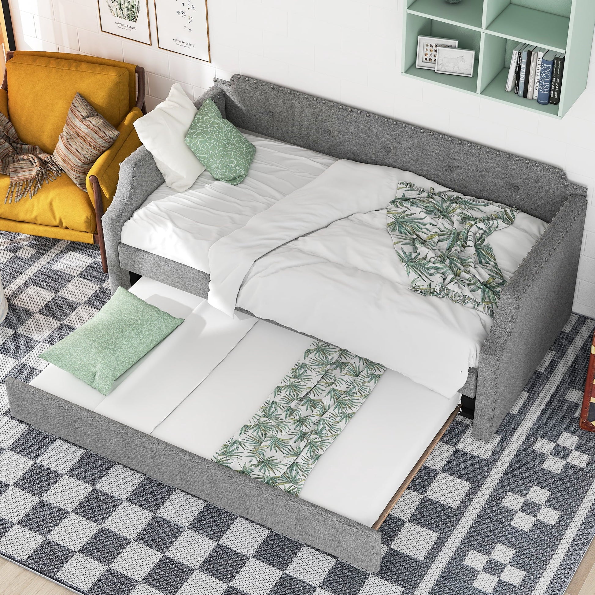 Euroco Twin Upholstered Daybed with Trundle for Kids, Gray