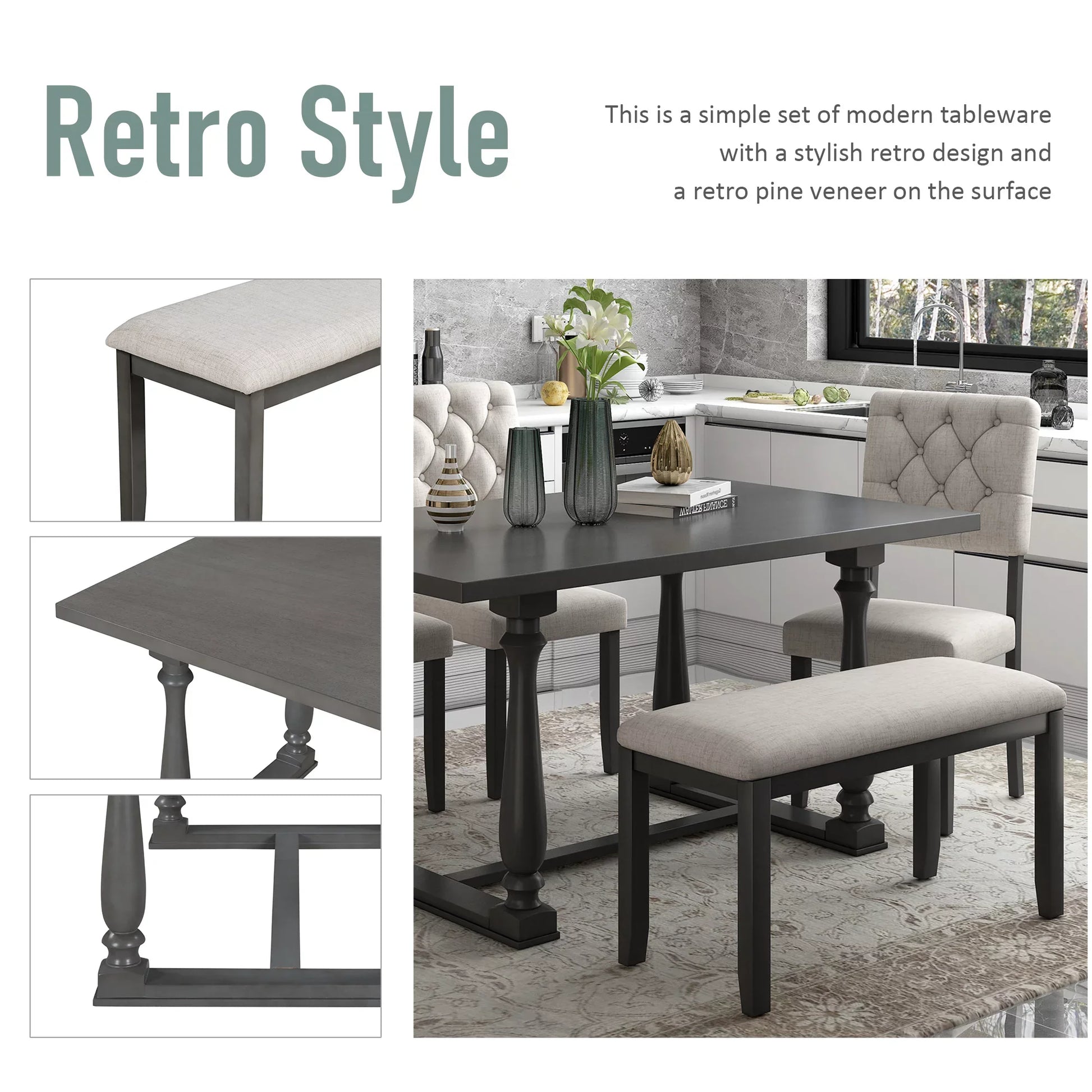 Euroco 6-Piece Dining Table and Chair Set with Special-shaped Legs and Foam-covered Seat Backs&Cushions for Dining Room (Gary)