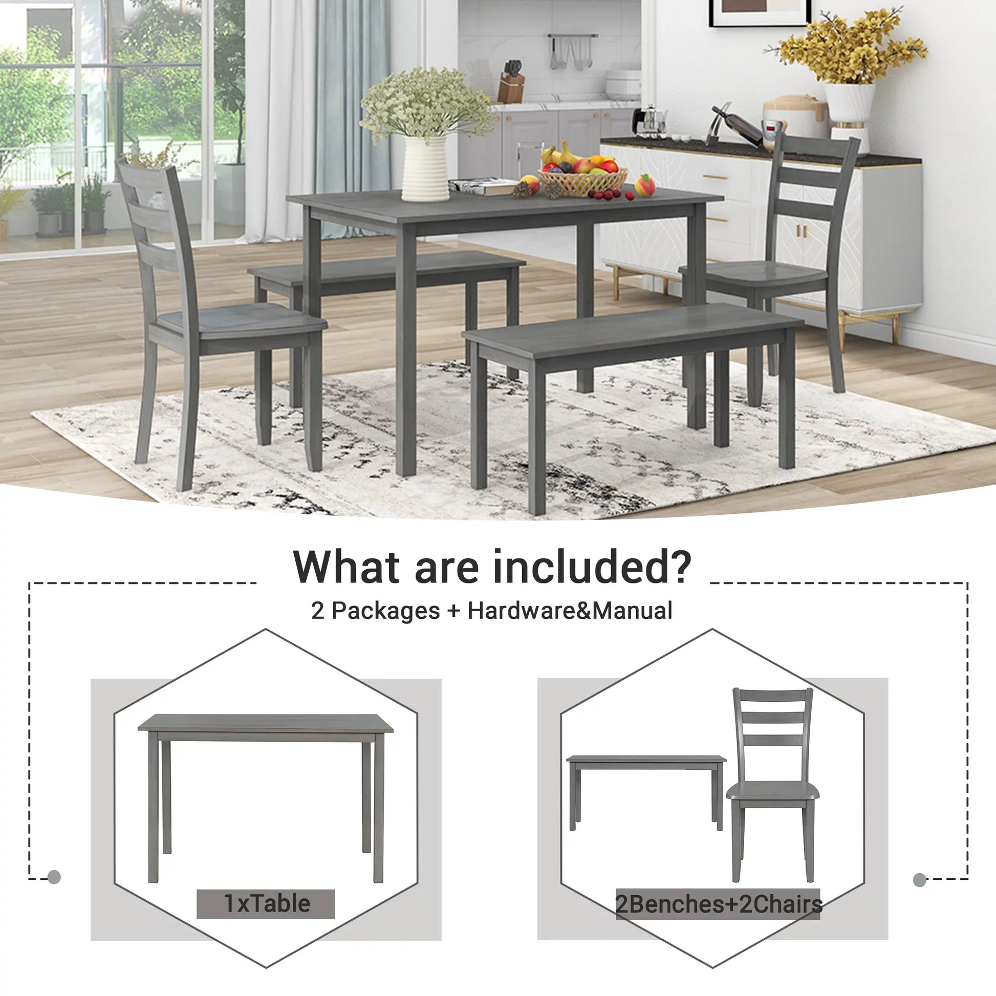 EUROCO 48" 5-Piece Dining Table Set,Solid Wood Kitchen Table with 2 Dining Chairs and 2 Benches,Gray