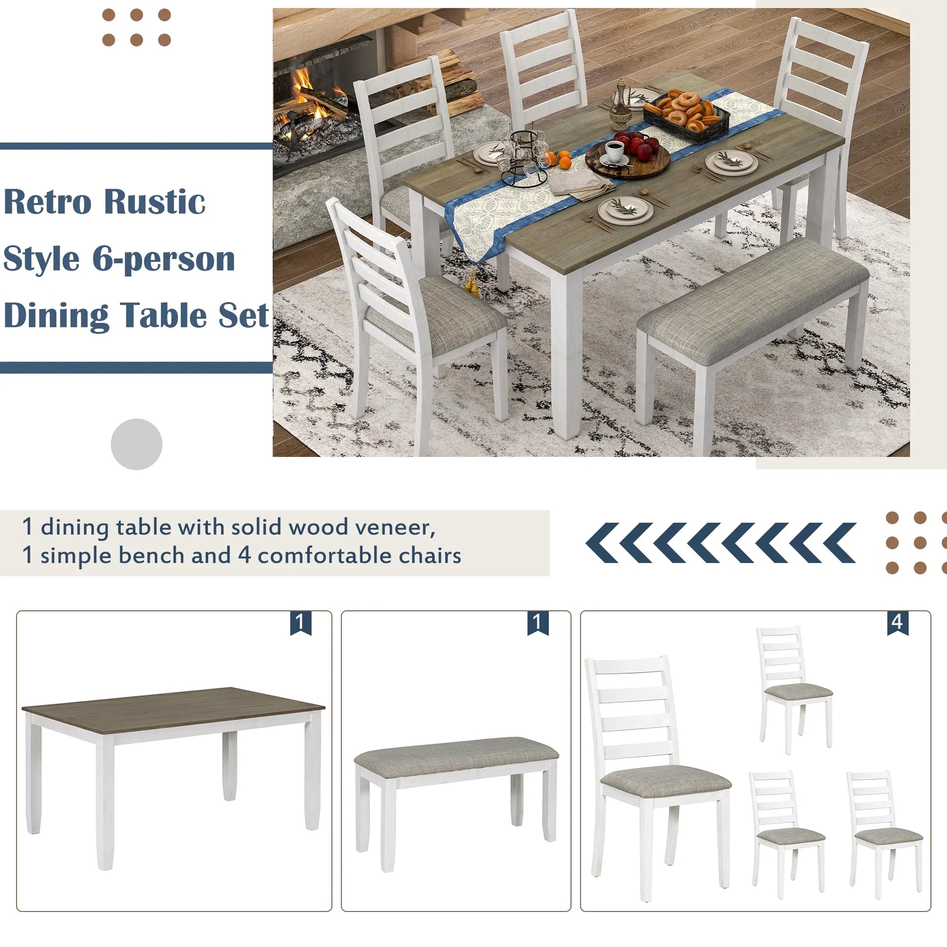 Euroco Rustic Style 6-Piece Dining Room Table Set with 4 Upholstered Chairs & a Bench (Brown + Whitewash)