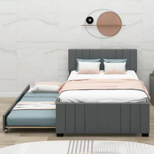 Euroco Full Size Upholstered Platform Bed with Trundle for Kids, Gray