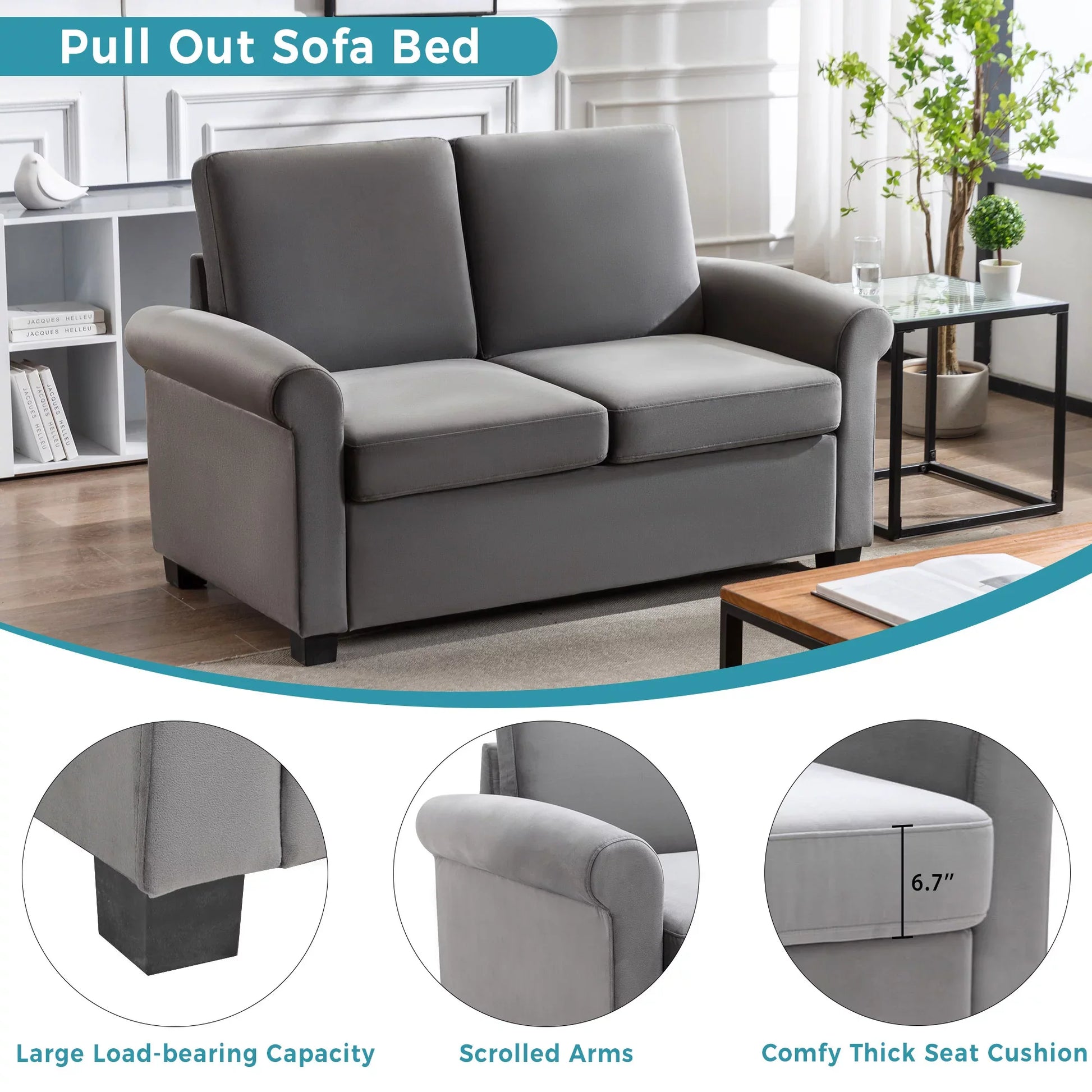 Euroco 58.3" Pull Out Sofa Bed, Sleeper Sofa Bed with Twin Size Mattress Pad, 2-in-1 Pull Out Couch Bed, Loveseat Sleeper for Living Room, Small Apartment, Gray