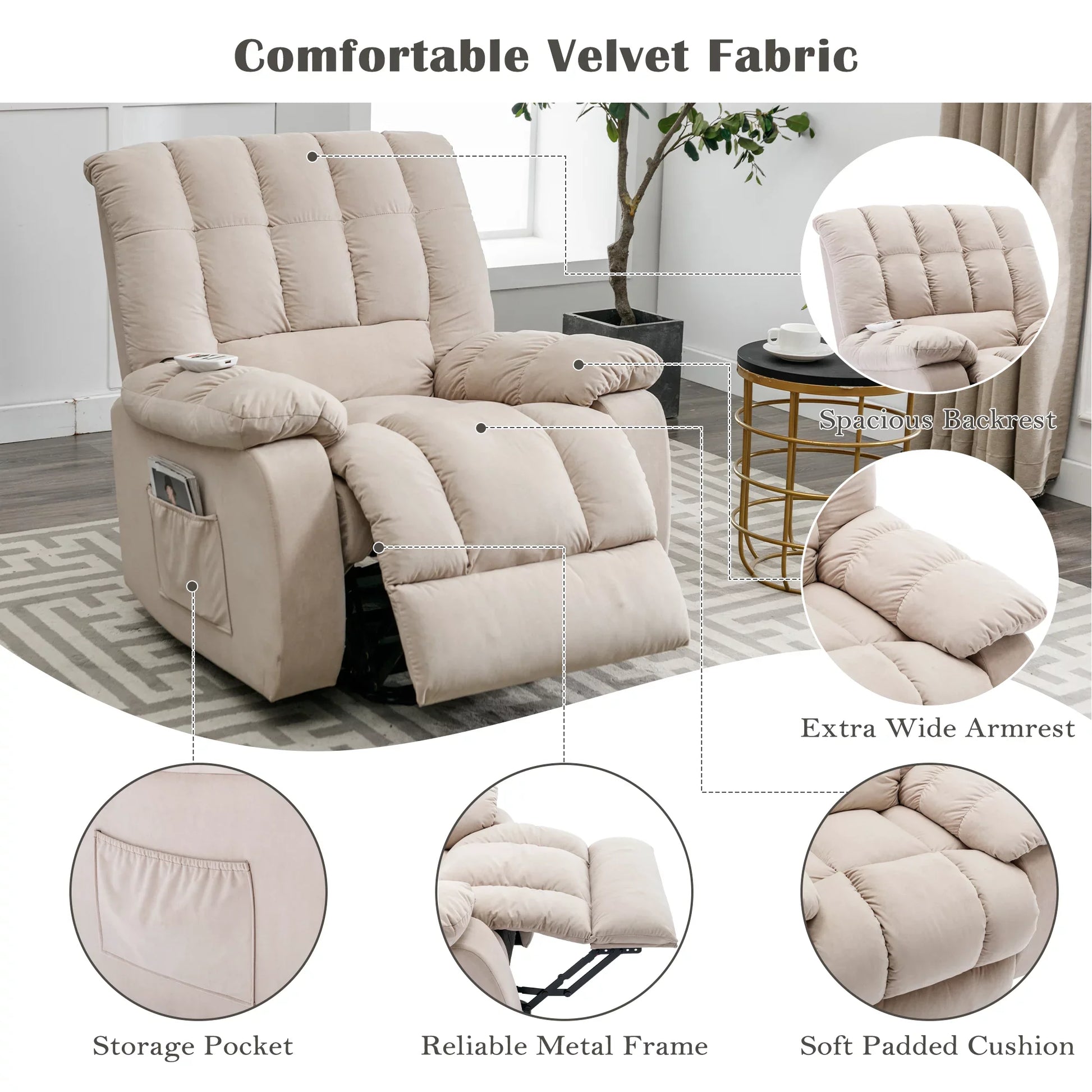 EUROCO 33.5"W Power Lift Recliner Chair Recliners for Elderly with Heat, Vibration and Massage Velvet Recliner Chair for Living room with Side Pocket,Beige