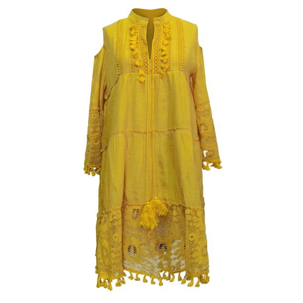 MIARHB Women Dress Fashion Three-Quarter Sleeve Boho Dress Lace Tassel V-Neck Mini Dress, Yellow, M