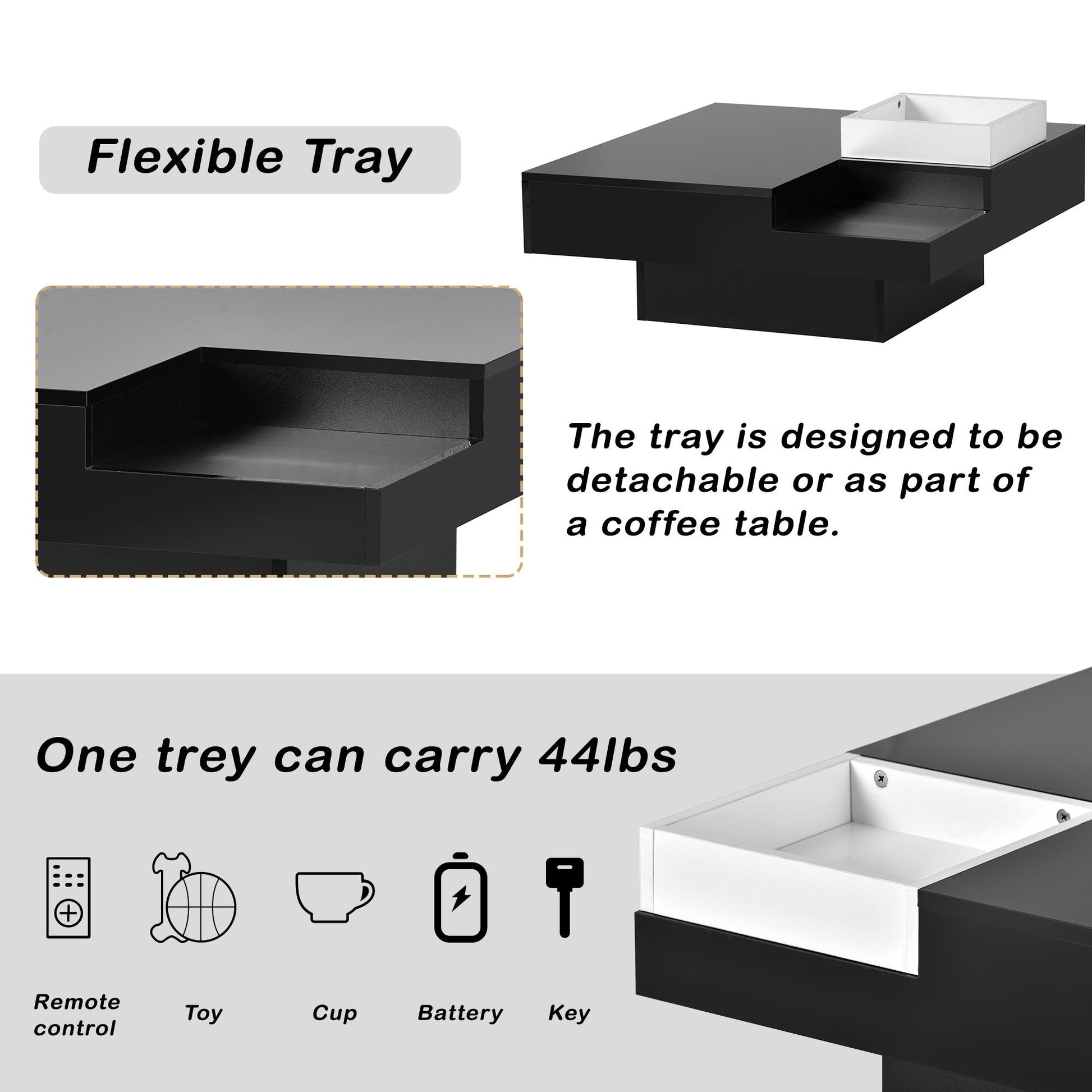 EUROCO Modern Minimalist Design 31.5*31.5in Square Coffee Table with Detachable Tray and Plug-in 16-color LED Strip Lights Remote Control for Living Room