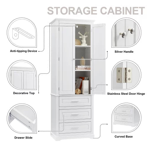 EUROCO 70" Bathroom Floor Tall Storage Cabinet,Kitchen Pantry, Farmhouse Pantry Cabinet with Glass 2 Doors & 3 Drawers and Adjustable Shelves,White