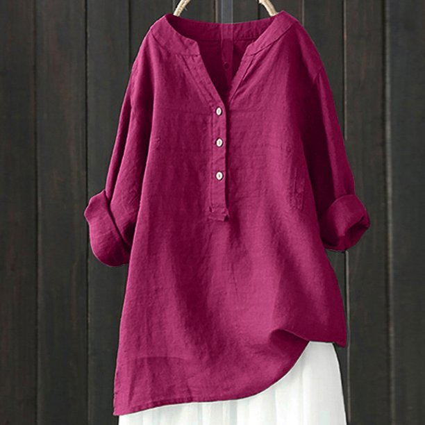 MIARHB Women Solid Stand Collar Long Sleeve Shirt Casual Loose Blouse Button Down Tops, Wine, S