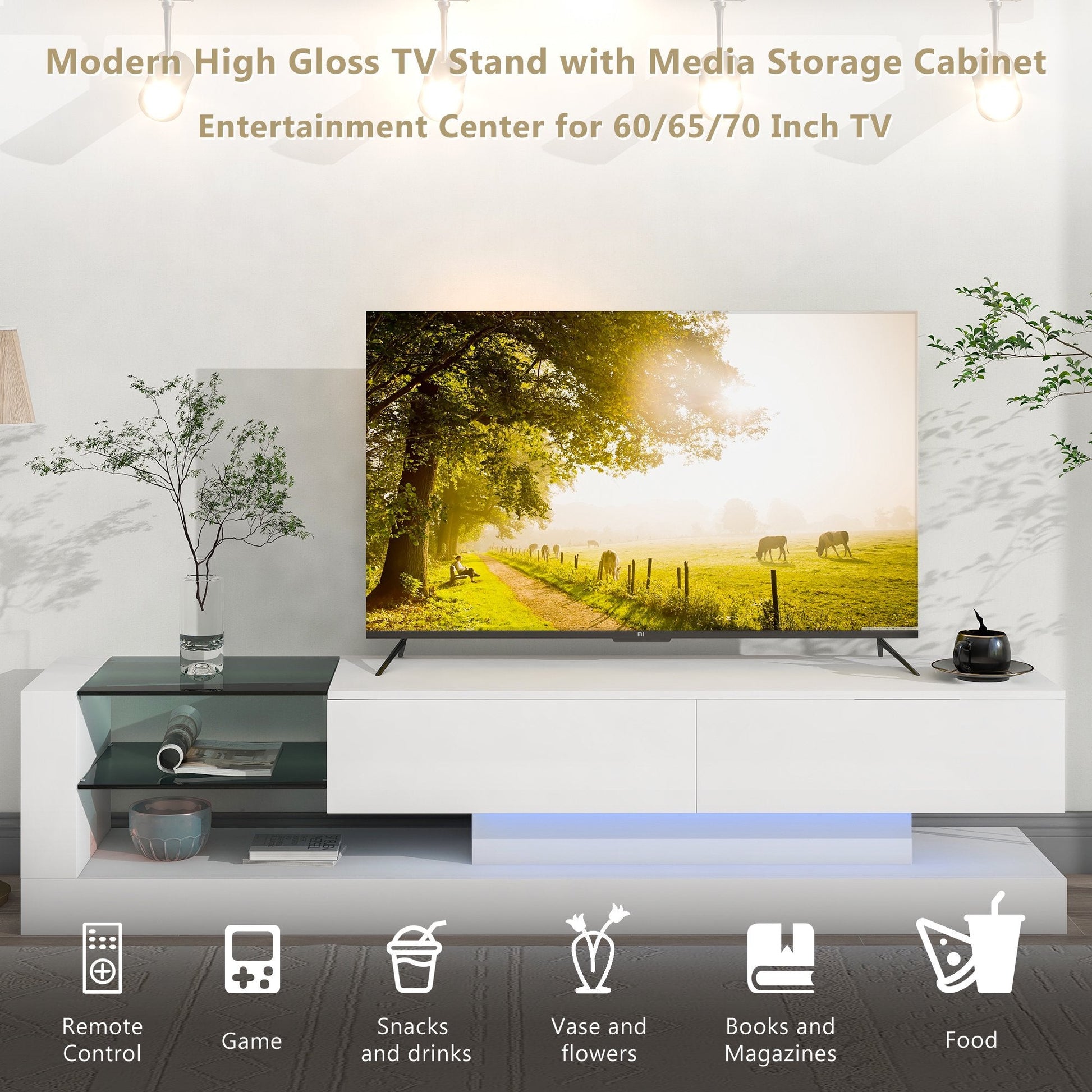 EUROCO TV Stand Up to 75", Modern High Gloss Entertainment Center with LED Changing Lights and 2 Media Storage Cabinets for Living Room