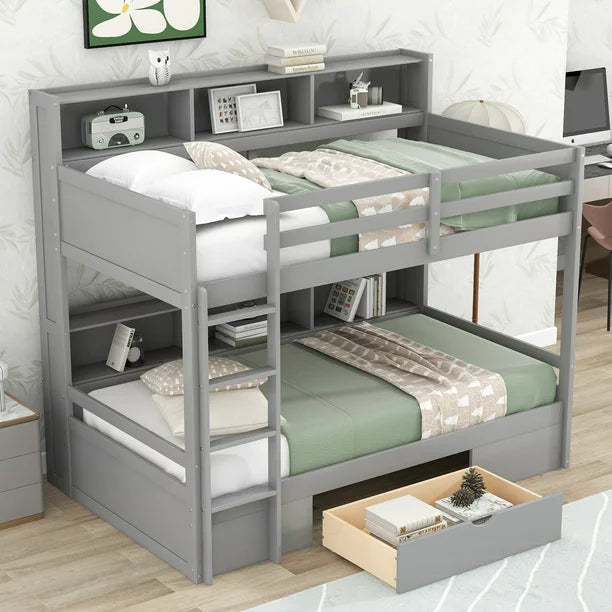 Modern Wood Twin Bunk bed with Shelves and Drawer for Kids Room, Gray