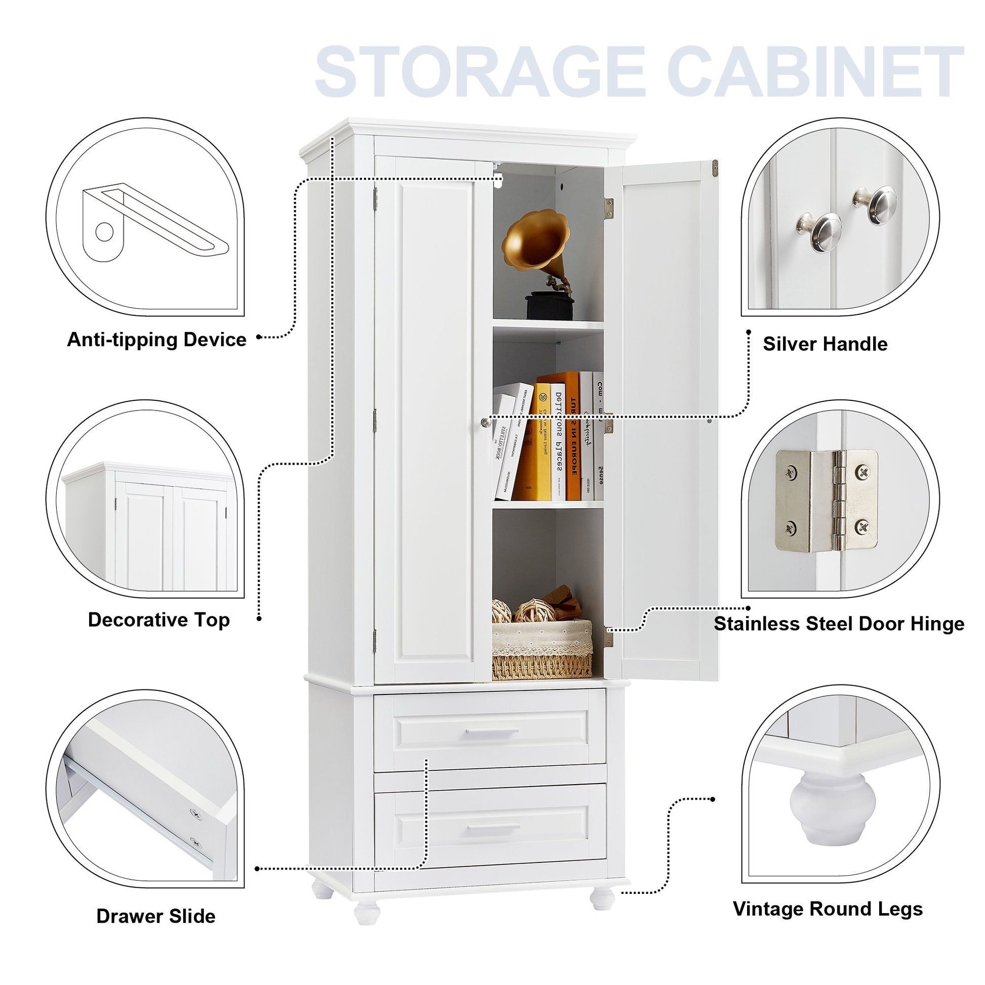 EUROCO 70" Bathroom Floor Tall Storage Cabinet,Kitchen Pantry, Farmhouse Pantry Cabinet with Glass 2 Doors & 2 Drawers and Adjustable Shelve,White