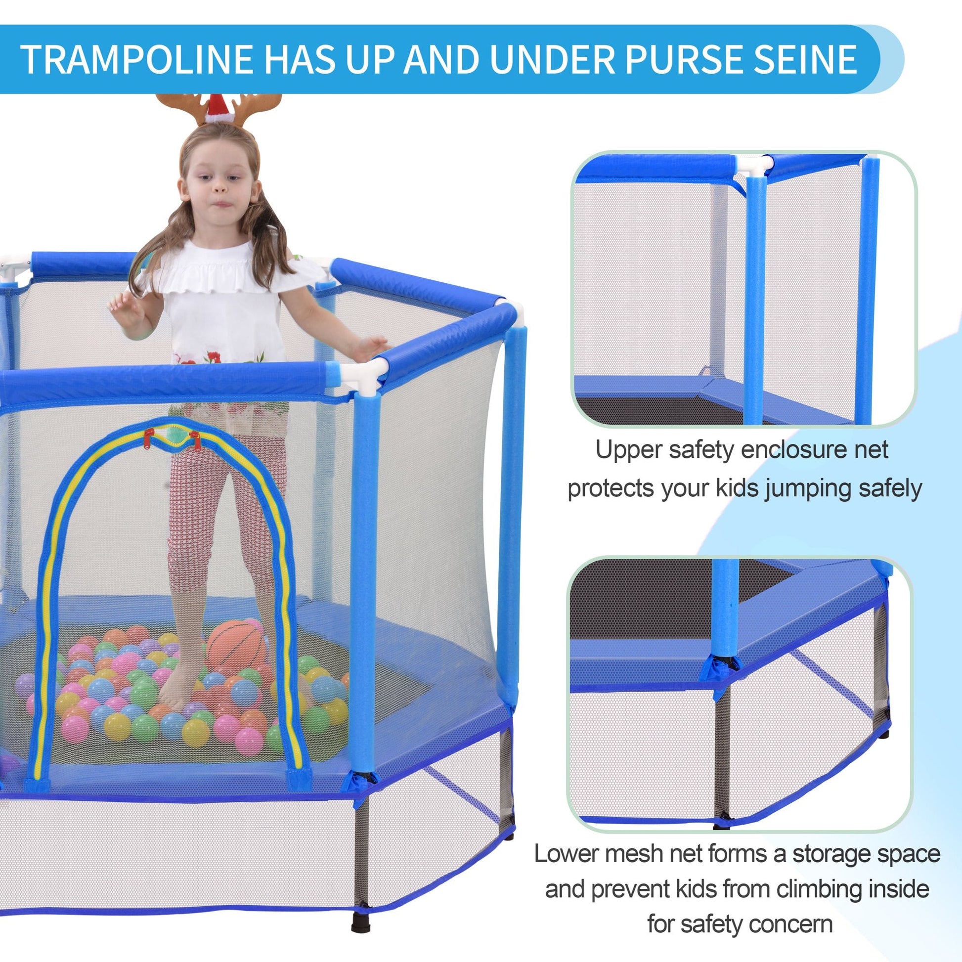 EUROCO 55" Kids Trampoline Recreational Bounce Jumper with Safety Enclosure Net and Balls, Indoor Outdoor Mini Trampoline for Kids