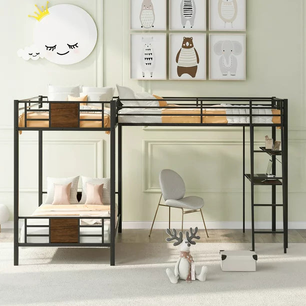 Euroco L-Shaped Twin over Twin Bunk Bed with Desk and Shelf for Kids Bedroom, Brown