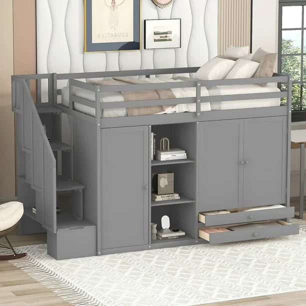 Wood Twin Loft Bed with Wardrobe, Shelf and Drawers for Bedroom, Gray