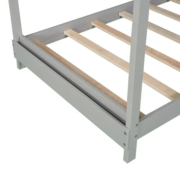 EUROCO Wood Twin Size House Bed with Roof for Kids, Gray