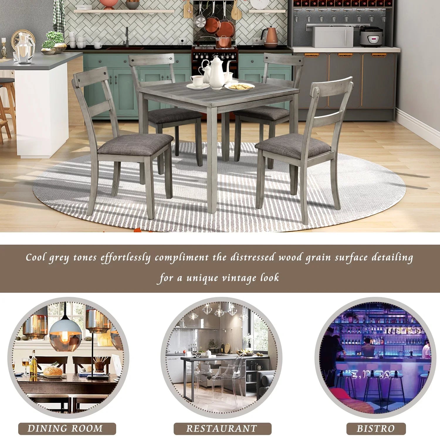 EUROCO 4 Person Modern Farmhouse Wood Small Dining Table Dining Room Kitchen Table Set Dining 4 Chairs Set, 35 Inch, Grey